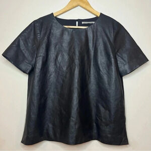 MAISON PÈRE Genuine Leather Lambskin Wool Mixed Media Short Sleeve Blouse Top